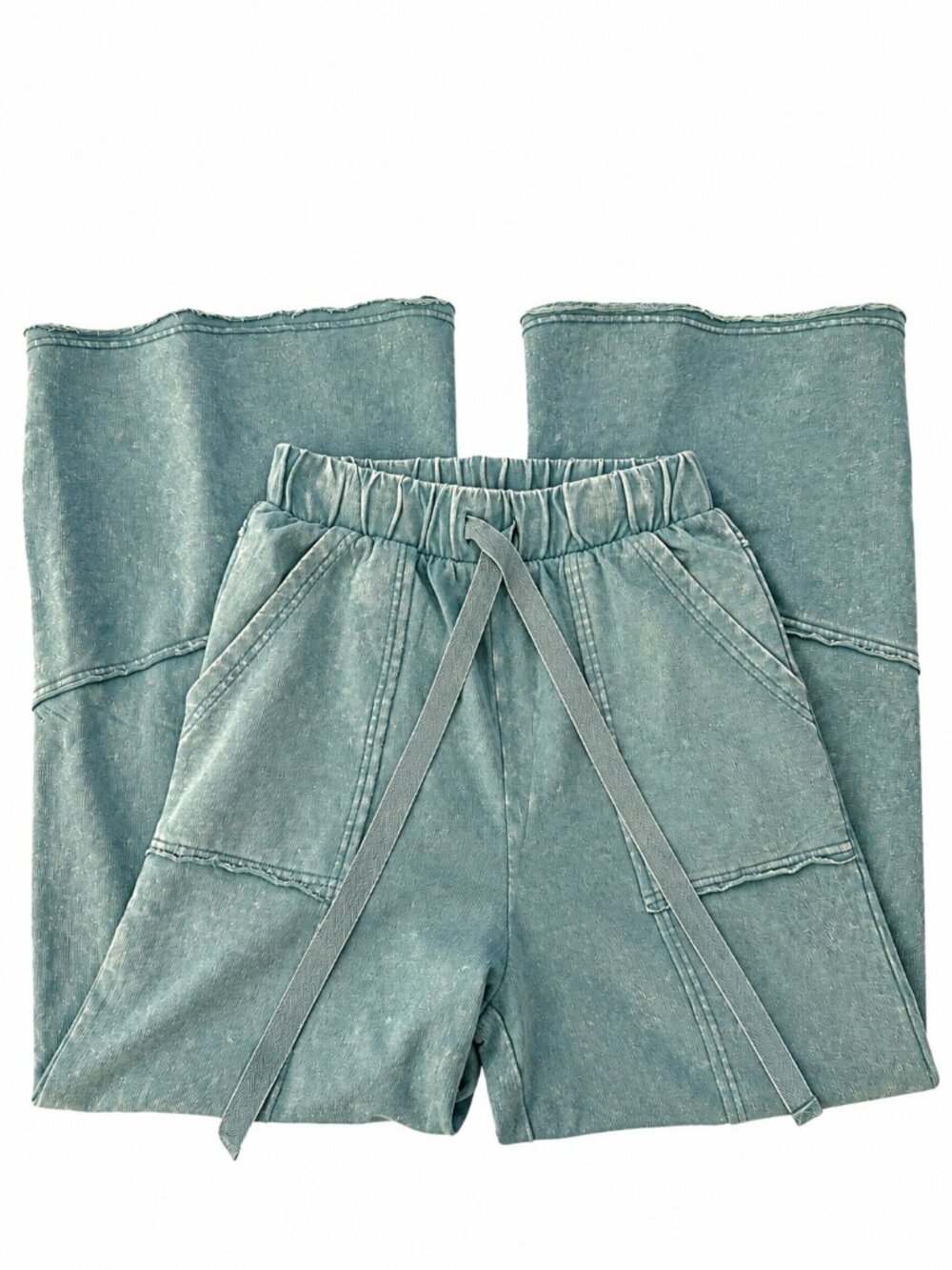 Zenana Mineral Wash Cotton Wide Leg Boho Pants Raw Seam Ruffle Hem - Picture 4 of 9